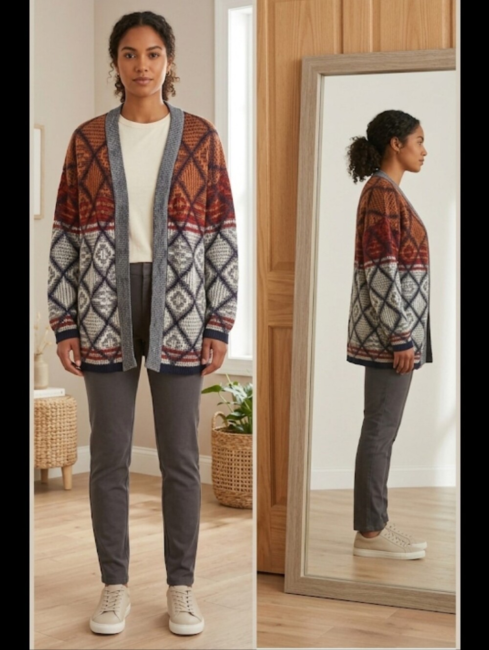 Aztec open front cardigan sweater L southwest grey sienna trellis